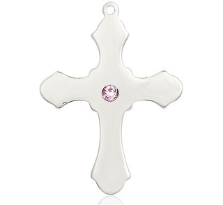 Sterling Silver Cross Pendant with a 3mm Light Amethyst Swarovski stone on an 24-inch Light Rhodium Heavy Curb Chain