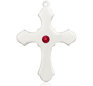 Sterling Silver Cross Pendant with a 3mm Ruby Swarovski stone on an 24-inch Light Rhodium Heavy Curb Chain
