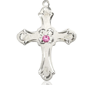 Sterling Silver Cross Pendant with a 3mm Rose Swarovski stone on an 24-inch Light Rhodium Heavy Curb Chain Engraved Catholic Saint Jewelry