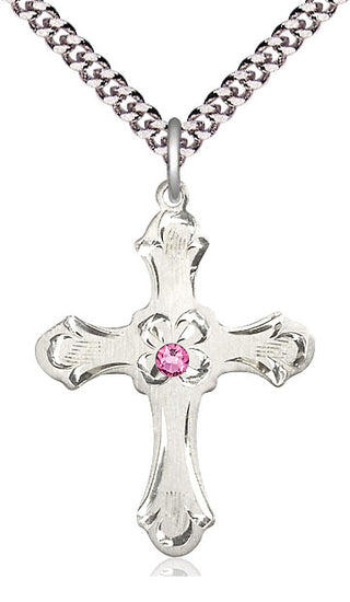 Sterling Silver Cross | 3mm Rose Swarovski stone | 24-inch Light Rhodium Chain | Engravable
