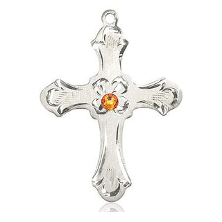 Sterling Silver Cross Pendant with a 3mm Topaz Swarovski stone on an 24-inch Light Rhodium Heavy Curb Chain Engraved Catholic Saint Jewelry
