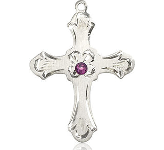 Sterling Silver Cross Pendant with a 3mm Amethyst Swarovski stone on an 24-inch Light Rhodium Heavy Curb Chain Engraved Catholic Saint Jewelry