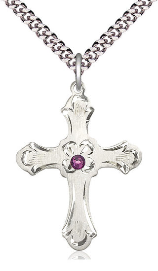 Sterling Silver Cross | 3mm Amethyst Swarovski stone | 24-inch Light Rhodium Chain | Engravable