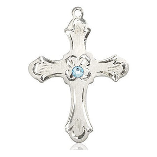 Sterling Silver Cross Pendant with a 3mm Aqua Swarovski stone on an 24-inch Light Rhodium Heavy Curb Chain Engraved Catholic Saint Jewelry