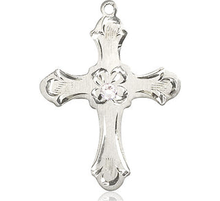 Sterling Silver Cross Pendant with a 3mm Crystal Swarovski stone on an 24-inch Light Rhodium Heavy Curb Chain Engraved Catholic Saint Jewelry