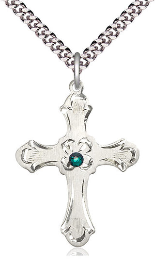 Sterling Silver Cross | 3mm Emerald Swarovski stone | 24-inch Light Rhodium Chain | Engravable