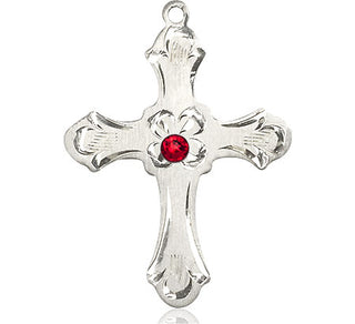 Sterling Silver Cross Pendant with a 3mm Ruby Swarovski stone on an 24-inch Light Rhodium Heavy Curb Chain Engraved Catholic Saint Jewelry