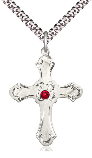 Sterling Silver Cross | 3mm Ruby Swarovski stone | 24-inch Light Rhodium Chain | Engravable