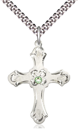 Sterling Silver Cross | 3mm Peridot Swarovski stone | 24-inch Light Rhodium Chain | Engravable
