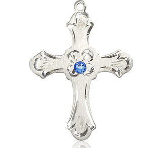 Sterling Silver Cross Pendant with a 3mm Sapphire Swarovski stone on an 24-inch Light Rhodium Heavy Curb Chain Engraved Catholic Saint Jewelry
