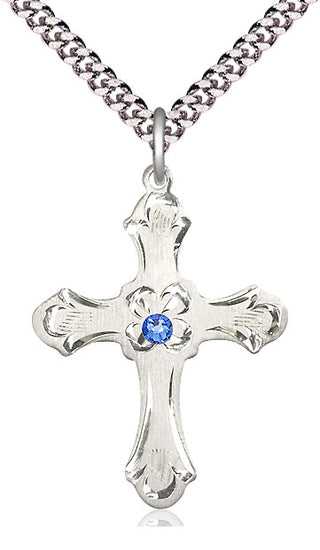 Sterling Silver Cross | 3mm Sapphire Swarovski stone | 24-inch Light Rhodium Chain | Engravable