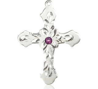 Sterling Silver Cross Pendant with a 3mm Amethyst Swarovski stone on an 24-inch Light Rhodium Heavy Curb Chain Engraved Catholic Saint Jewelry