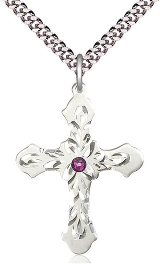 Sterling Silver Cross | 3mm Amethyst Swarovski stone | 24-inch Light Rhodium Chain | Engravable