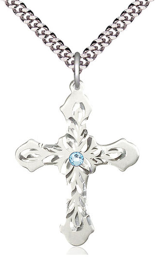 Sterling Silver Cross | 3mm Aqua Swarovski stone | 24-inch Light Rhodium Chain | Engravable