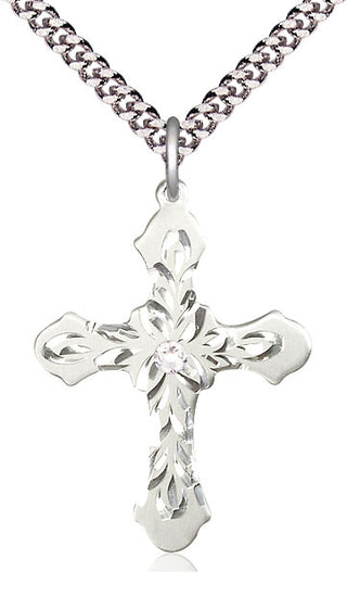 Sterling Silver Cross | 3mm Crystal Swarovski stone | 24-inch Light Rhodium Chain | Engravable