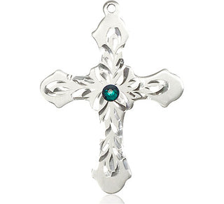 Sterling Silver Cross Pendant with a 3mm Emerald Swarovski stone on an 24-inch Light Rhodium Heavy Curb Chain Engraved Catholic Saint Jewelry