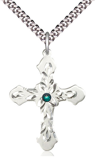 Sterling Silver Cross | 3mm Emerald Swarovski stone | 24-inch Light Rhodium Chain | Engravable