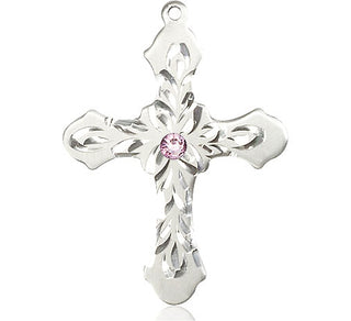Sterling Silver Cross Pendant with a 3mm Light Amethyst Swarovski stone on an 24-inch Light Rhodium Heavy Curb Chain Engraved Catholic Saint Jewelry