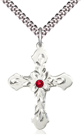 Sterling Silver Cross | 3mm Ruby Swarovski stone | 24-inch Light Rhodium Chain | Engravable
