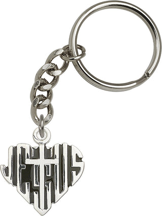 Silver Oxide Heart of Jesus w/Cross Keychain