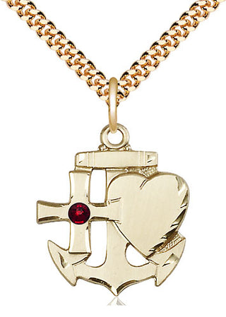 14kt Gold Filled Faith, Hope & Charity Pendant with 3mm Garnet Swarovski Necklace
