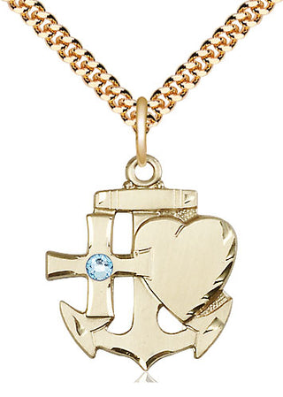 14kt Gold Filled Faith, Hope & Charity Pendant with 3mm Aqua Swarovski Necklace