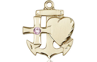 14kt Gold Filled Faith, Hope & Charity Pendant with a 3mm Light Amethyst Swarovski stone on an 24-inch Gold Plate Heavy Curb Chain