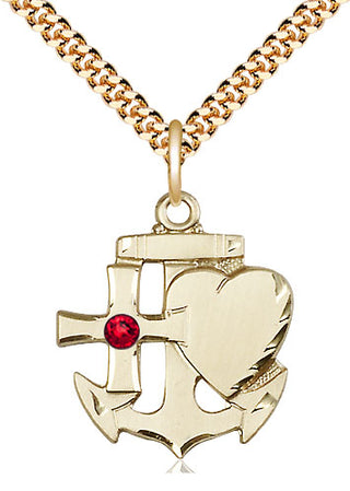 14kt Gold Filled Faith, Hope & Charity Pendant with 3mm Ruby Swarovski Necklace