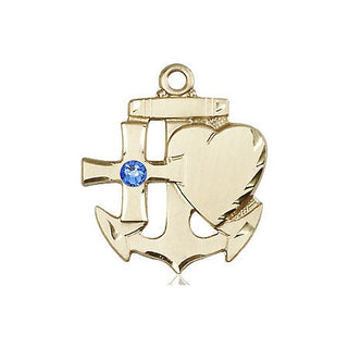 14kt Gold Filled Faith, Hope & Charity Pendant with a 3mm Sapphire Swarovski stone on an 24-inch Gold Plate Heavy Curb Chain