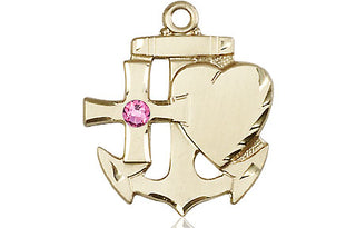 14kt Gold Faith, Hope & Charity Medal with a 3mm Rose Swarovski stone