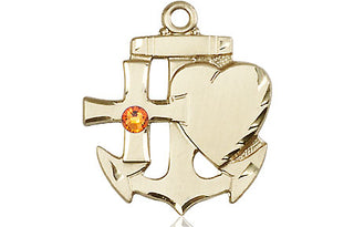 14kt Gold Faith, Hope & Charity Medal with a 3mm Topaz Swarovski stone