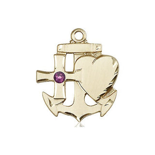 14kt Gold Faith, Hope & Charity Medal with a 3mm Amethyst Swarovski stone