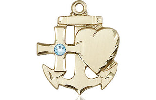 14kt Gold Faith, Hope & Charity Medal with a 3mm Aqua Swarovski stone