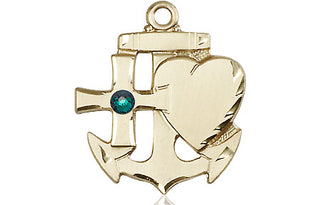 14kt Gold Faith, Hope & Charity Medal with a 3mm Emerald Swarovski stone