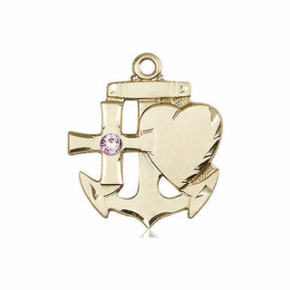 14kt Gold Faith, Hope & Charity Medal with a 3mm Light Amethyst Swarovski stone