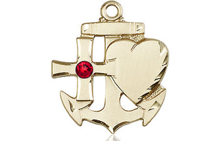 14kt Gold Faith, Hope & Charity Medal with a 3mm Ruby Swarovski stone