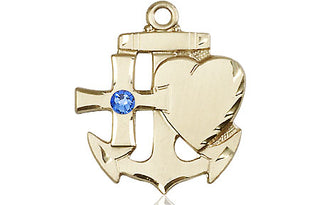 14kt Gold Faith, Hope & Charity Medal with a 3mm Sapphire Swarovski stone