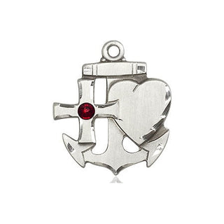 Sterling Silver Faith, Hope & Charity Pendant with a 3mm Garnet Swarovski stone on an 24-inch Light Rhodium Heavy Curb Chain