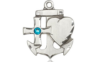 Sterling Silver Faith, Hope & Charity Pendant with a 3mm Zircon Swarovski stone on an 24-inch Light Rhodium Heavy Curb Chain