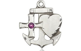 Sterling Silver Faith, Hope & Charity Pendant with a 3mm Amethyst Swarovski stone on an 24-inch Light Rhodium Heavy Curb Chain
