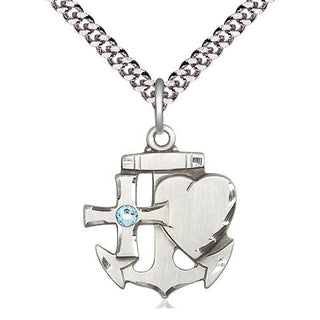 Sterling Silver Faith, Hope & Charity Pendant with 3mm Aqua Swarovski Necklace
