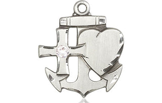 Sterling Silver Faith, Hope & Charity Pendant with a 3mm Crystal Swarovski stone on an 24-inch Light Rhodium Heavy Curb Chain