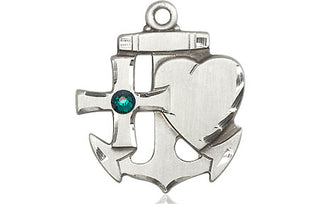 Sterling Silver Faith, Hope & Charity Pendant with a 3mm Emerald Swarovski stone on an 24-inch Light Rhodium Heavy Curb Chain