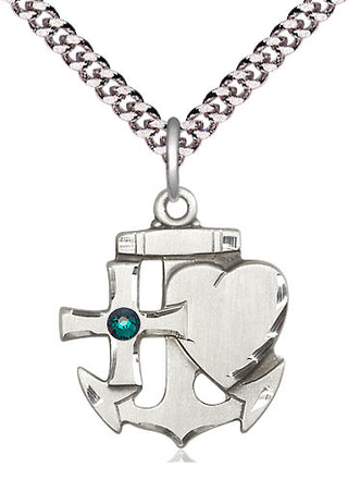 Sterling Silver Faith, Hope & Charity Pendant with 3mm Emerald Swarovski Necklace