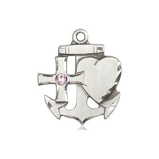 Sterling Silver Faith, Hope & Charity Pendant with a 3mm Light Amethyst Swarovski stone on an 24-inch Light Rhodium Heavy Curb Chain