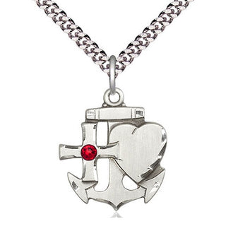 Sterling Silver Faith, Hope & Charity Pendant with 3mm Ruby Swarovski Necklace