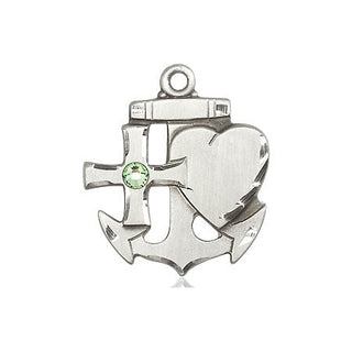 Sterling Silver Faith, Hope & Charity Pendant with a 3mm Peridot Swarovski stone on an 24-inch Light Rhodium Heavy Curb Chain