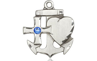 Sterling Silver Faith, Hope & Charity Pendant with a 3mm Sapphire Swarovski stone on an 24-inch Light Rhodium Heavy Curb Chain