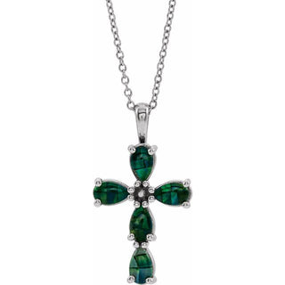 Sterling Silver Lab-Grown Mosaic Opal Cabochon Cross 16-18" Necklace