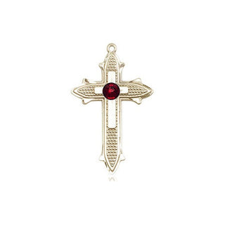 14kt Gold Filled Cross on Cross Pendant with a 3mm Garnet Swarovski stone on an 18-inch Gold Filled Light Curb Chain Engraved Catholic Saint Jewelry
